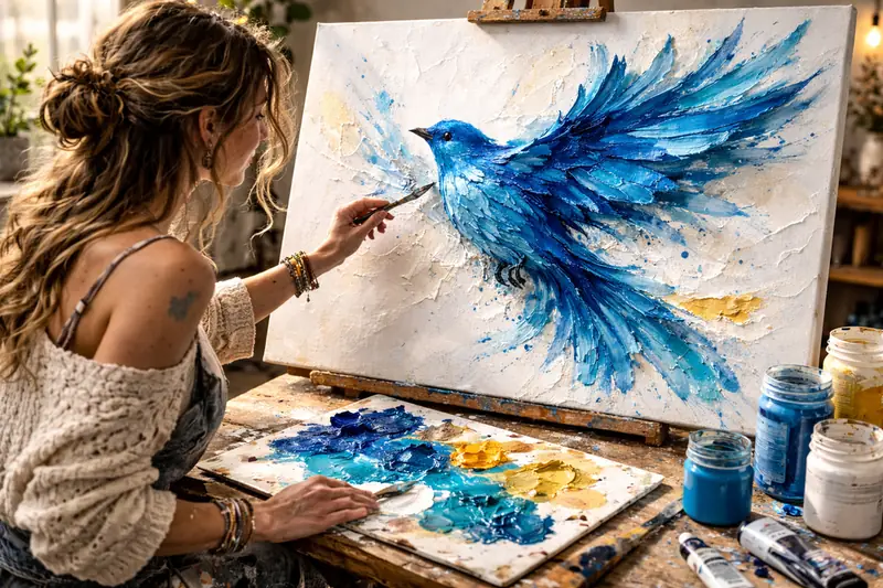 Diana painting a 3D textured blue bird that bursts out of the canvas