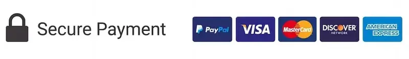 Secure payment: Visa, Mastercard, American Express, Discover, PayPal