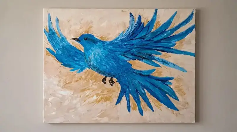 A 3D textured blue bird painting created by a beginner student